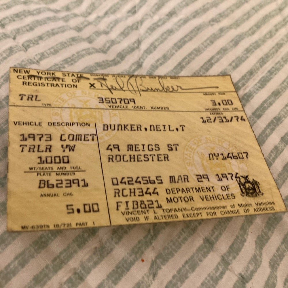 1974 NY Car Registration Stub DMV 73’ Comet TRL Vintage w Inspection Sticker 75’